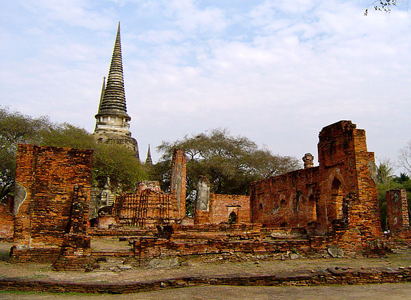 Ruins of the Royal Palace of Ayutthaya, in the Ayutthaya Historical Park, Phra Nakhon Si Ayutthaya Province. The stupas of the royal chapel (Wat Phra 