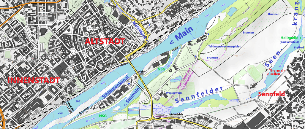 Staustufe (links), Schleuse und Schleusenkanal (links der Mitte) und zwei weitere Wehre (Mitte) zur Aufstauung des Main-Hauptarms. Die Staustufe besitzt zwei Notabläufe: den Saumain und bei großen Hochwassern zudem den Sennfelder Seenkranz, an dem der Maindeich (unten) die südlichen Gebiete vor Überschwemmungen schützt