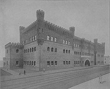 The Washington National Guard Armory sat at the north end of Pike Place Market from 1909 until its demolition in 1968. Seattle - Washington National Guard Armory 1909.jpg