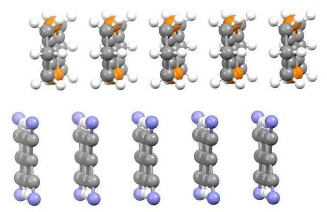 Edge-on view of portion of crystal structure of hexamethyleneTTF/TCNQ charge transfer salt.