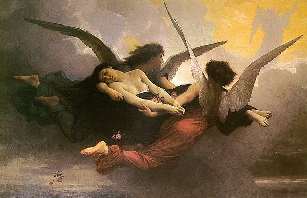 Depiction of a soul being carried to heaven by two angels by William Bouguereau