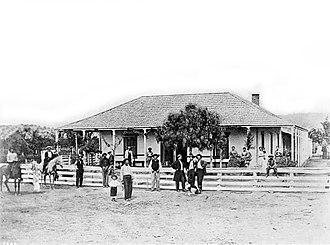 Rubottom's Hotel and stagecoach station at Spadra, 1867 Spadra California Stagecoach Stop Hotel Tavern.jpg
