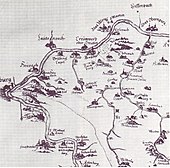 Hobbach („Hohenbach“) in der Karte des Spessarts von Paul Pfinzing von 1594 (Norden ist rechts)