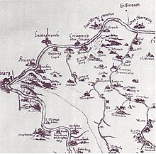 Miltenberg (am linken Bildrand) in der Karte des Spessarts von Paul Pfinzing von 1594 (Norden ist rechts)