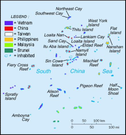 Map of the Spratly Islands and the countries that administer each island