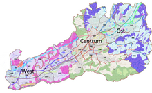 Karte der Stadt St. Gallen mit statistischen Quartieren und farblich abgesetzten Stadtkreisen.