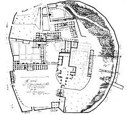 Plan architectural ancien d'un ensemble monastique.