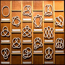 Examples of different knots including the trivial knot (top left) and the trefoil knot (below it) Tabela de nos matematicos 01, crop.jpg