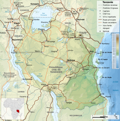 ’n Franstalige topografiese kaart van Tanzanië.