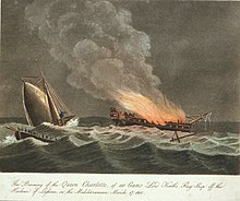 The Burning of the Queen Charlotte of 110 Guns Lord Keith's flagship off the Harbour of Leghorn, in the Mediterranean, 17 March 1800 The Burning of the Queen Charlotte of 110 Guns Lord Keith's flagship off the Harbour of Leghorn, in the Mediterranean, March 17, 1800 RMG PU6035.jpg