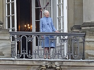 Queen Margrethe II greeting the public from the balcony at Amalienborg during her 83rd birthday celebrations, 2023 The Danish Royal Family at Amalienborg 04.jpg