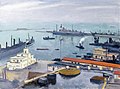 Peinture montrant dans des tons bleus et gris une rade avec de gros navires et sur le quai un bâtiment très blanc