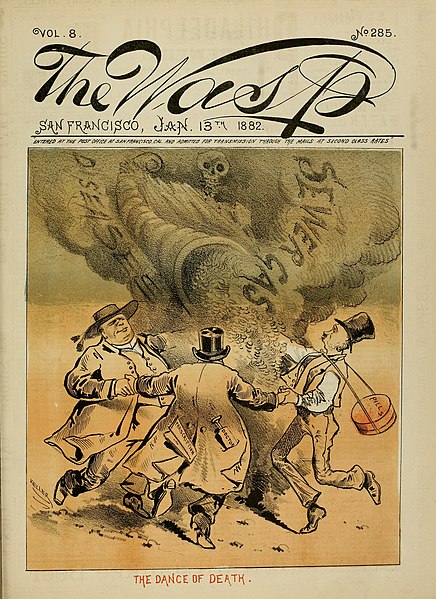 The cover of an 1882 issue of The Wasp, with an illustration linking sewer gas and disease