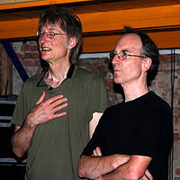 Tim Hodgkinson (left) and Chris Cutler in Schiphorst, Germany, 6 July 2008. TimHodgkinson and ChrisCutler July2008.jpg