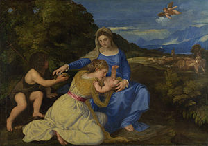 Titien - La Vierge et l'enfant avec l'enfant Saint Jean et une femme sainte ou donatrice ('La Madone Aldobrandini') - Google Art Project.jpg