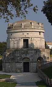 The Mausoleum of Theodoric in Ravenna, Italy. The frieze includes a motif found in Scandinavian metal jewellery. Tomb of Theodoric the Great Ravenna (cropped).jpg