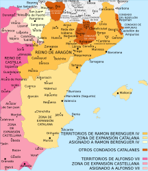 Піренеї в 1151    королівство Наварра    королівство Арагон    експансія Арагону    королівство Кастилія    експансія Кастилії    каталанські графства    королівство Франкія