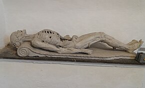 Tomb effigy in the mausoleum of the Lords of Boussu, Boussu Castle, Belgium Transi surnomme l'Homme a moulons- Boussu, chapelle seigneuriale (cropped).jpg