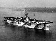 The USS Mission Bay operated primarily as an ASW carrier in the Atlantic. She is shown in August 1944 off the East Coast, wearing Measure 32 Design 4A camouflage. Note the Grumman F6F Hellcats on deck and the large SK air search radar antenna on the mast. USS Mission Bay (CVE-59) underway on 10 August 1944 (NH 106582).jpg