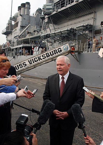 File:US Navy 071206-N-7095C-002 U.S. Secretary of Defense Robert M. Gates speaks at a media availability after a tour aboard USS Vicksburg (CG 69) where he re-enlisted a Sailor and spent time talking to the crew.jpg