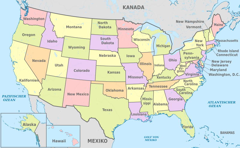 Yhdysvallat, hallinnolliset alueet - de - coloured.svg