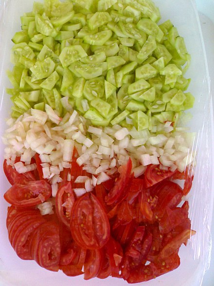 Unmixed Shirazi salad, forming an Iranian flag