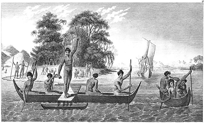 Engraving of watercraft of three different styles before a shore with tall trees and many people