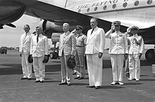 Dirk Stikker, Lambertus Neher, Louis Beel, Simon Spoor, Hubertus van Mook and Albertus Samuel Pinke arriving at Kemayoran in 1948 Vlnr. minister Stikker, minister Neher, Beel, legercommandant Spoor, luitenant-g, Bestanddeelnr 2080.jpg