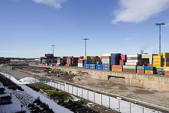 Partially backfilled dry dock of the former Valmet Vuosaari Shipyard in Vuosaari, Helsinki, Finland. Vuosaari shipyard 20160316.jpg