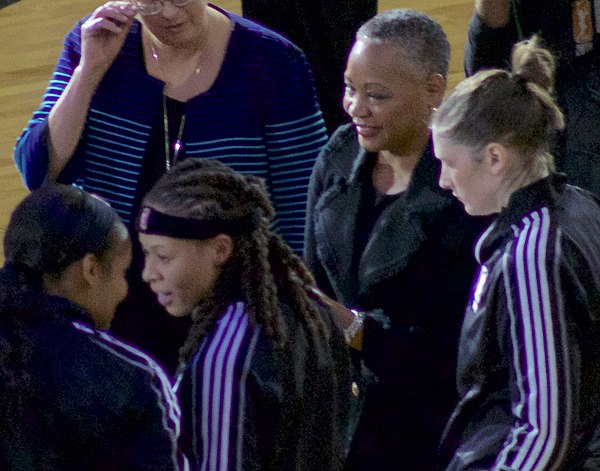 Part of the 20@20 ring ceremony, (left to right) Maya Moore, Seimone Augustus, WNBA president Lisa Borders, Lindsay Whalen