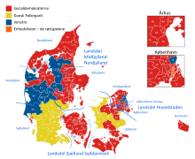 Strongest parties at the 2015 Danish general election. Blue: Liberal Party (centre-right), Yellow: Danish People's Party (national populist), Red: Social Democrats, Orange: Red-Green Alliance Wahlkarte Folketing Danemark 2015 da.svg