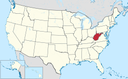 Yhdysvaltain kartta, jossa Länsi-Virginia korostettuna