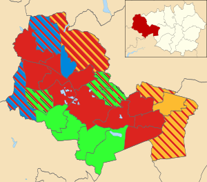 Map of the results of the 2004 Wigan council election. Labour in red, Community Action Party in green, Liberal Democrats in yellow and Conservatives in blue. Wigan UK local election 2004 map.svg