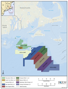 Designated wind power leasing parcels in federal waters off the coasts of Massachusetts and Rhode Island, with project names as of 2022. Wind energy leases offshore Massachusetts and Rhode Island, 2022.png