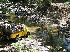 自動車は一般に軌条（鉄道）を必要としないわけだが、さらに、道路すら離れて走ることができる車（オフロード車）もあり、街から離れた、道路があまり整備されていない場所への移動に便利である。オフロード車（en:Off-road vehicle）の多くは四輪駆動である。写真は川を渡りかかっているオフロード車。