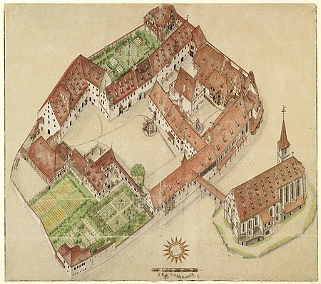 Zeichnung Nürnberg Deutsches Haus und Jakobskirche aus der Vogelschau Hans Bien