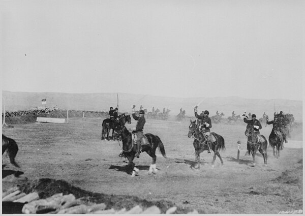 Saber Exercises, Crow Indian Troop 1st Cavalry, Ft. Custer Montana 1892 "Saber Exercises, Troop 'List Cavalry, Ft. Custer Mont., 1892." An Indian troop of U.S. soldiers - NARA - 531125.jpg