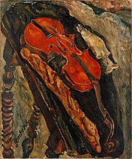 Olieverfschilderij van een viool, brood en vis op een houten tafel.