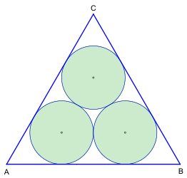 Bild 1: Methode nach Malfatti sowie die Methode nach Steiner-Petersen im gleichseitigen Dreieck, Bedeckung der Dreiecksfläche ca. 72,91 %