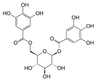 Struktur kimia dari 1,6-digalloyl glukosa.