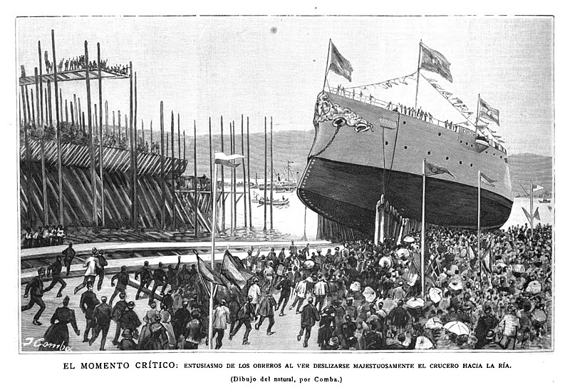 File:1890-09-15, La Ilustración Española y Americana, El momento crítico, entusiasmo de los obreros al ver deslizarse majestuosamente el crucero hacia la ría.jpg