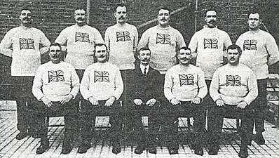 The combined Metropolitan and City of London Police tug of war team that won the silver medal at the Olympic Games in 1912. (back row - left to right) Joseph Dowler*, Alexander Munro *, Edwin Mills, John James Shepherd, H. Stiff, Frederick Humphreys; (front row - left to right) Walter Tammas *, Walter Chaffe*, Thomas Peel *, Matthias Hynes *, John Sewell. * = Metropolitan Police; all others City of London Police