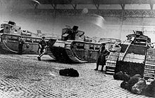 Tanks and soldiers deployed to the streets of Glasgow to prevent the threat of revolution in 1919 1919 Battle of George Square - tanks and soldiers.jpg