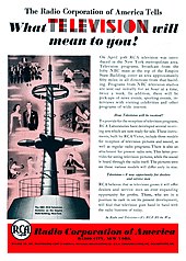 RCA ad for the beginning, in April 1939, of regular experimental television broadcasting by RCA-NBC over New York City station W2XBS (forerunner of today's WNBC/4), for "an hour at a time, twice a week." 1939 RCA Television Advertisement.jpg