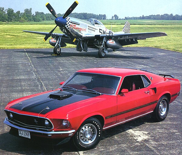 A 1969 Ford Mustang Mach I and a P-51 Mustang