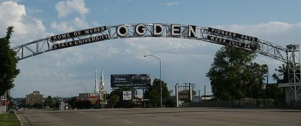 "Ogden" sign over Washington Boulevard at the Ogden River; toward downtown