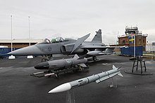 An MBDA Meteor in front of a SAAB JAS 39 Gripen 2019 Royal International Air Tattoo 20190719160000 1P4A8363 1 (48321282437).jpg