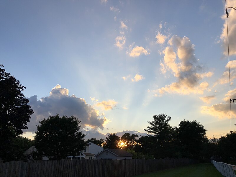 File:2020-07-01 20 17 10 Cumulus clouds and crepuscular rays just before sunset viewed from Hidden Meadow Drive in the Franklin Glen section of Chantilly, Fairfax County, Virginia.jpg