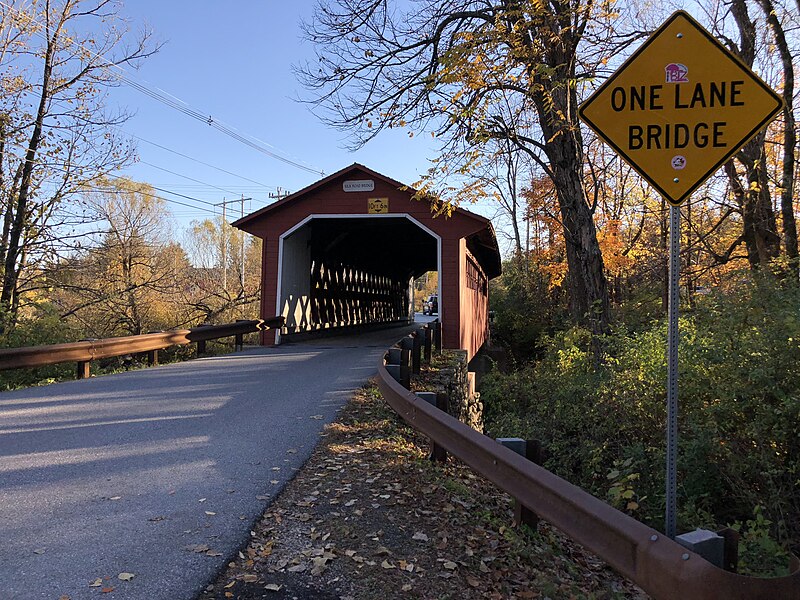 File:2020-10-17 16 46 09 View south at the north end of the Silk Road Covered Bridge over the Walloomsac River in Bennington, Bennington County, Vermont.jpg