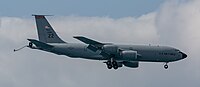 A KC-135R Stratotanker, tail number 62-3565, on final approach at Kadena Air Base in Okinawa, Japan in March 2020. It is assigned to the 909th Air Refueling Squadron at Kadena AB.